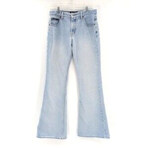 l.e.i  Vtg Light Wash Blue Low Rise Flared Denim Distressed Jeans Size 7 30"x32"